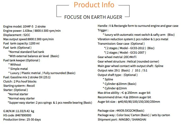 52cc Earth Auger with 3 Bits 100, 150, 200mm